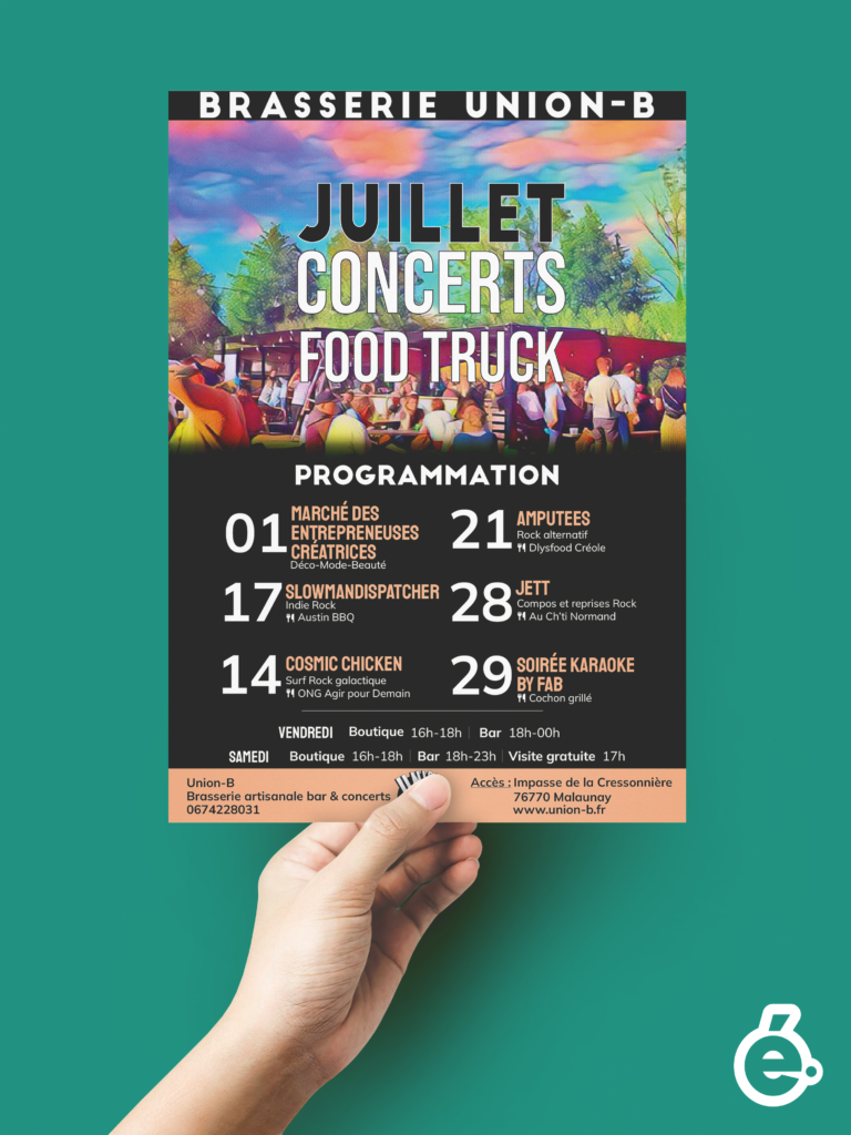 mockup du flyer du mois de juillet de la brasserie union-b tenu dans une main gauche