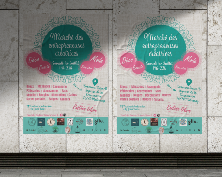 mockup de l'affiche du marché des entrepreneuses créatrices sous forme d'affiche placardée sur un mur style en marbre blanc